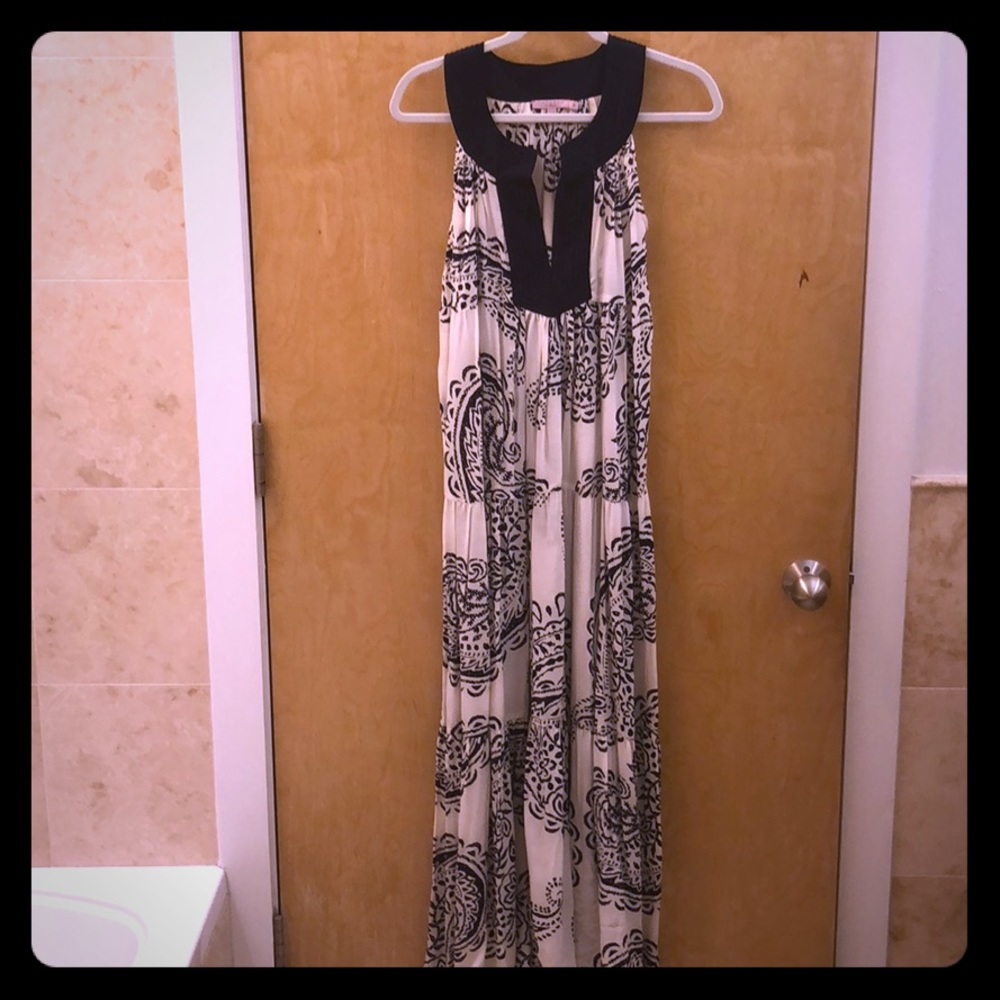 Calypso Long Silk Navy and White Dress
